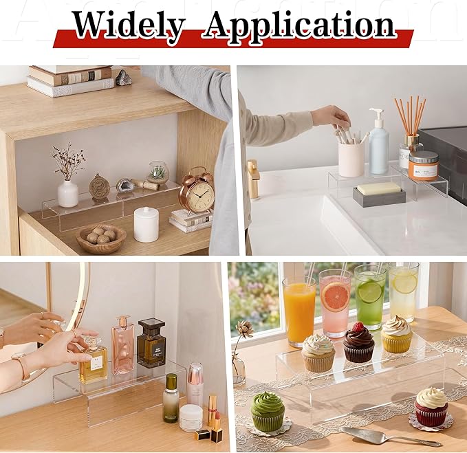 Sezanrpt Acrylic Shelf Riser 8x4.3x2 pack of 2, Clear Display Shelf 8” for Shoes, Glasses, Plants, Home Decors, Perfume, 8x4.3x2 Inch
