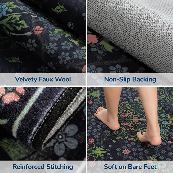 Lessymo Floral Extra Large Area Rug 10x14 for Living Room, Machine Washable Carpet for Bedroom, Soft Low Pile Non-Slip Rug for Dining Room Under Table, Boho Floral Design, Black Green
