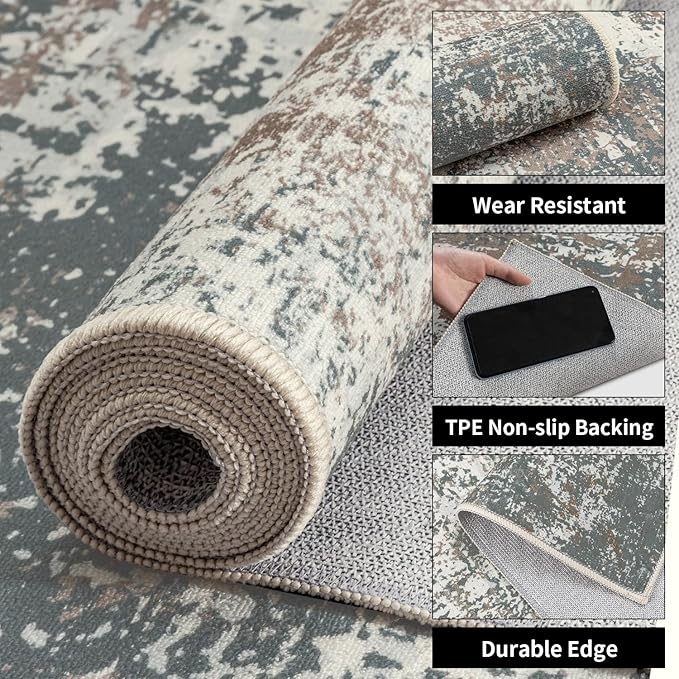 Ciicool Abstract Area Rug Indoor, 3x5 Washable Entryway Rug, Modern Soft Throw Rug with Non-Slip Backing for Bedroom Living Room Entrance Kitchen, Non-Shedding Low-Pile Floor Carpet Doormat Grey Beige