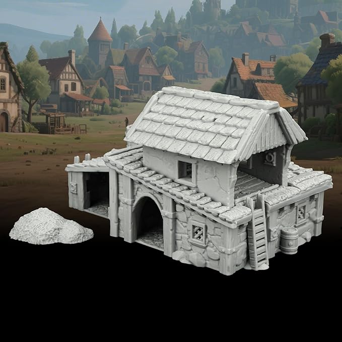 Unpainted 3D Printed Tabletop RPG Terrain–25 Scale Map Props for Trench Crusade & DND Bundle,Gable Roof Medieval Residence Scenery – Medieval Village F AF1124F