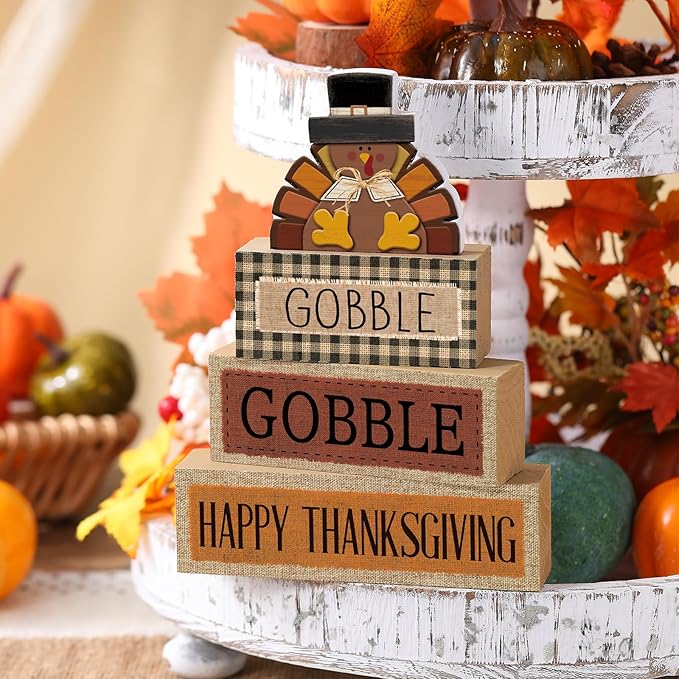 Lineshading 4 Pcs Fall Table Decorations Wooden Turkey Decor Thanksgiving Tiered Tray Decor Fall Centerpiece Rustic Wood Turkey Block Sign for Gobble Harvest Party Home Kitchen Decorations