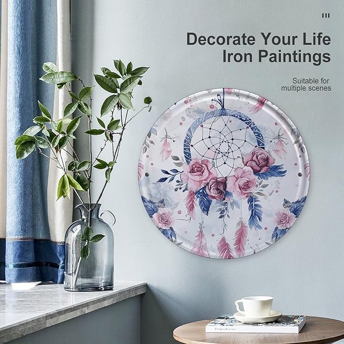 Wall Picture, with Peach Dream Catcher Printed Circular Iron Hanging Picture,Wall Art Decor,Home for Bedroom Living Room Bathroom Decor,Iron Painting 11.8X11.8 in