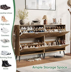 Shoe Cabinet, Entrance Shoe Storage Cabinet with Diamond Parquetry 2 Flip Drawers, Narrow Shoe Cabinet Storage for Entryway, Shoe Organizer Cabinet with Black Handles, Slim Shoe Rack Cabinet (Walnut)