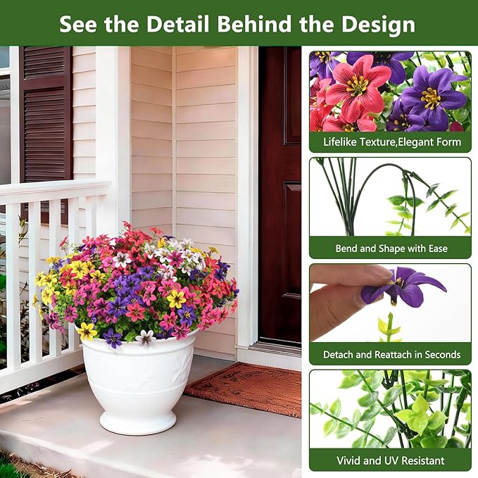 Artificial Flowers for Outdoor Faux Flower Spring Decoration, 12 Bundles Fake Plants Silk Daisy Bulk UV Resistant Realistic for Outside Porch Patio Balcony Planter Yard Garden Home Decor(Mixed 2)