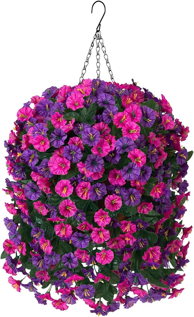 Artificial Fake Flowers Plants Hanging Baskets for Outdoor Outside, Faux Silk Hanging Dark Purple and Fuchsia Morning Glory Trailing Vines UV Resistant Look Real for Porch Patio Home Decoration