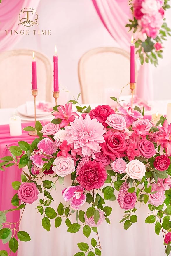 TINGE TIME Artificial Sweetheart Flower Swag with Table Cloth and Table Runner, Pack of 3 Floral Arrangement for Wedding Sweetheart Table Centerpiece Decoration Valentine's Day (Hot Pink)
