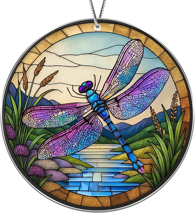 2025 Christmas Ornaments, Christmas Tree Ornaments Acrylic, Faux Stained Glass Effect White Elephant Gifts Exchange, Unique Suncatcher Xmas Stocking Stuffers for Women, Men (Dragonfly)