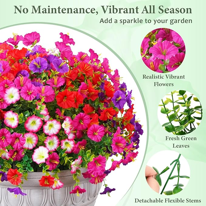 MARTINE MALL 24 Bundles Look Real Artificial Flowers for Outdoors, Realistic Fake Outdoor Flowers, UV Resistant Silk Petunia Flowers for Outside Faux Flowers Plants for Outdoor Porch, Mix Colors