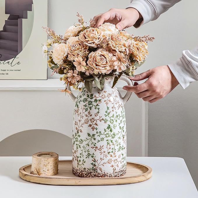 Enra Large Vintage Green and Beige Ceramic Chinoiserie Floral Vase, 11.2 Inch Rustic Decorative Flower Vase for Home, Living Room, Kitchen, or Office – Pastoral Retro Design