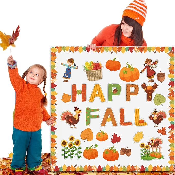Fall Pumpkin Bulletin Board Decorations Set for Classroom Happy Fall Pumpkin Leaves Paper Cutouts Autumn Bulletin Board with Borders for Thanksgiving Theme Preschool School Classroom Door Wall Decor