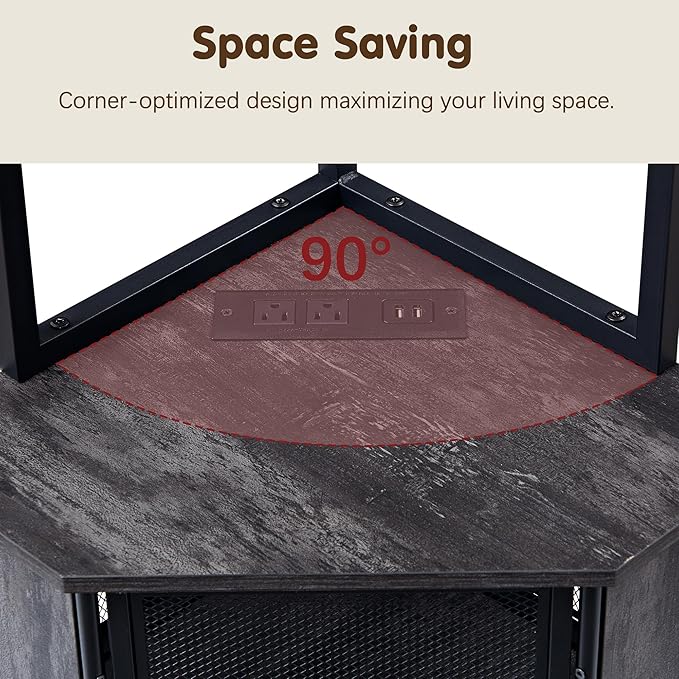 VECELO 6 Tier Corner Shelf with LED Light and Charging Station, 63” Tall Standing Cabinet Organizer, Narrow Bookshelf with Storage Rack for Living Room, Bedroom, Kitchen, Balcony, Small Space