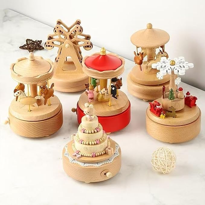 Natural Solid Wood Handcrafted Beech Wooden, Musical FigureTotoro/Carousel/Fairy/Ballerina Figurine,Rotating Hand Crank Mechanism Music Box,Musical Decorations (Red Merry-Go-Round)