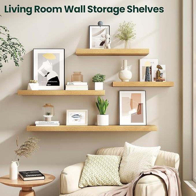 Floating Shelves for Wall 36 in x 9.3 in Deep, Wall Mounted Rustic Wood Shelf with Invisible Brackets for Storage & Display, Living Room Bedroom Bathroom, Oak, 2 Pack