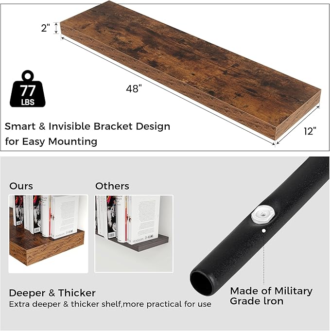Venusmiles Floating Shelves for Wall, 48" W x 12" D x 2" H, 2 Pack of Long Wall Mounted Engineered Wood Shelves with Invisible Brackets for Living Room, Bedroom, Bathroom, Kitchen Decor, Brown