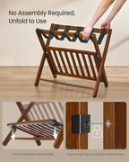 SONGMICS Solid Wood Luggage Racks, Set of 2, No Assembly Required, Foldable Suitcase Stand, Luggage Holder, with Storage Shelf, for Guest Room, Hotel, Bedroom, Coffee Brown URLR021K01