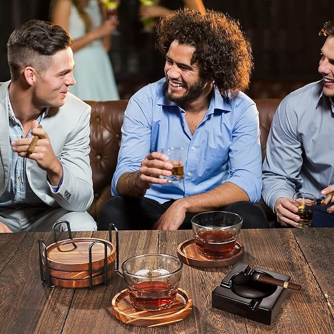 6Pcs Wooden Coasters for Drink-Acacia Wood Drink Coasters Set with Holder for Coffee Table Decor,Modern Cup Coaster for Kitchen Accessories Cute Beer Bar Decorative Rustic Outdoor Coasters