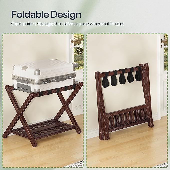 HOOBRO Luggage Rack, Bamboo Suitcase Stand, Folding Luggage Holder, Nylon Strap Support Top, for Guest Room, Hotel, Bedroom, Closet, Dark Brown BR18XL01