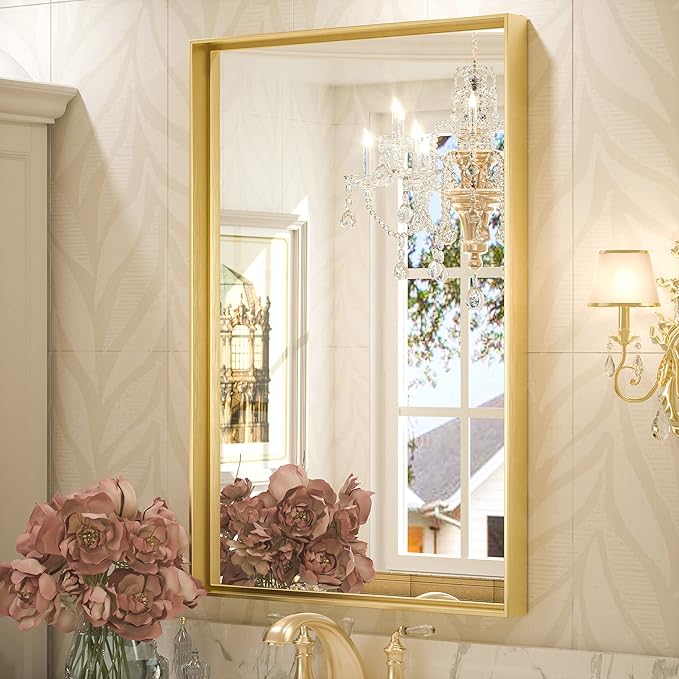 Keonjinn 24 x 36 Inch Brushed Gold Bathroom Mirror Gold Wall Mounted Vanity Mirror Metal Framed Rectangular Mirror for Bathroom Gold Rectangle Mirror with Aluminum Alloy Frame(Horizontal/Vertical)