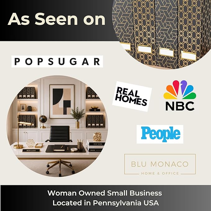 BLU MONACO | Set of 4 Black & Gold Geometric Magazine File Holders with Gold Label Holders | Stylish Vertical File Organizer Boxes for Desk, Bookshelf & Office Storage