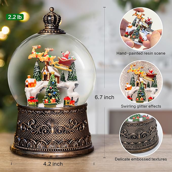 Christmas Snow Globes Lantern with Music, Winter Village Scene Snow Globes with Swirling Glitter Effects, USB/Battery Powered with 6-Hour Timer, Christmas Decorations