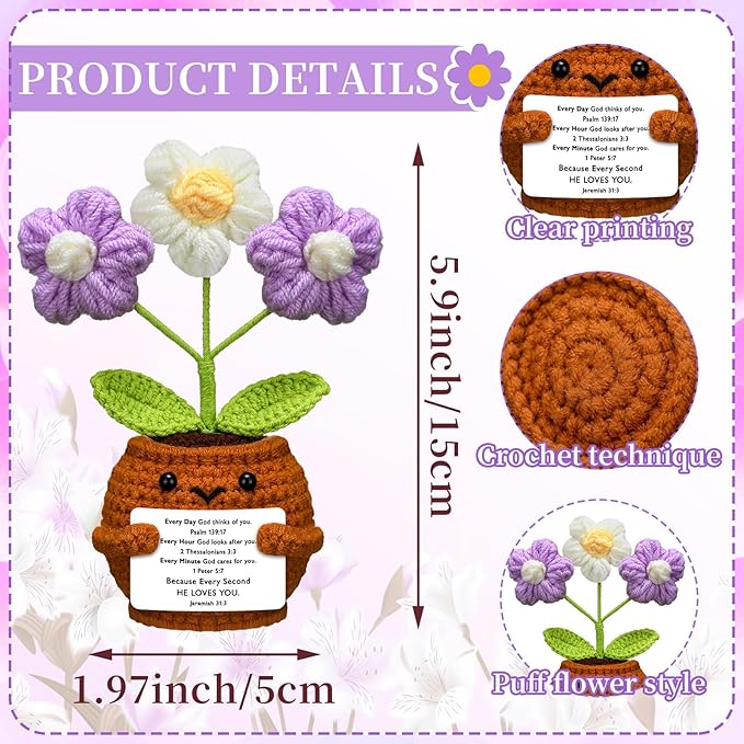 Wavwavw Christian Gift for Women Positive Handmade Crochet Doll with Bible Verse Prayer Card Inspirational Scripture Religious Crochet for Christmas Sunday Group Church(Purple Puff Flower)