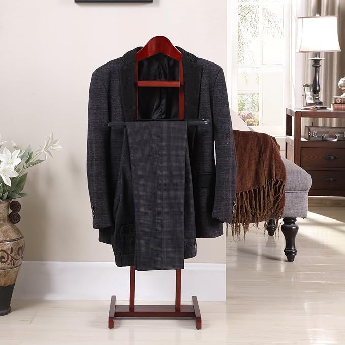 Proman Products Lancaster Suit Valet Stand VL36141 with Tray, Contour Hanger, Trouser Bar, 17" W x 12" D x 42" H, Mahogany