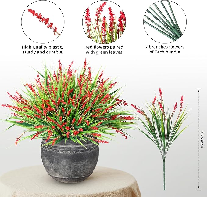 Ivydale Artificial Plants Fake Flowers Monkey Grass for Outdoors,UV Resistant Realistic 20PCS Red Faux Greenery Shrubs Outside Decor for Home Garland Porch Patio Balcony Planter Yard Office Pathway