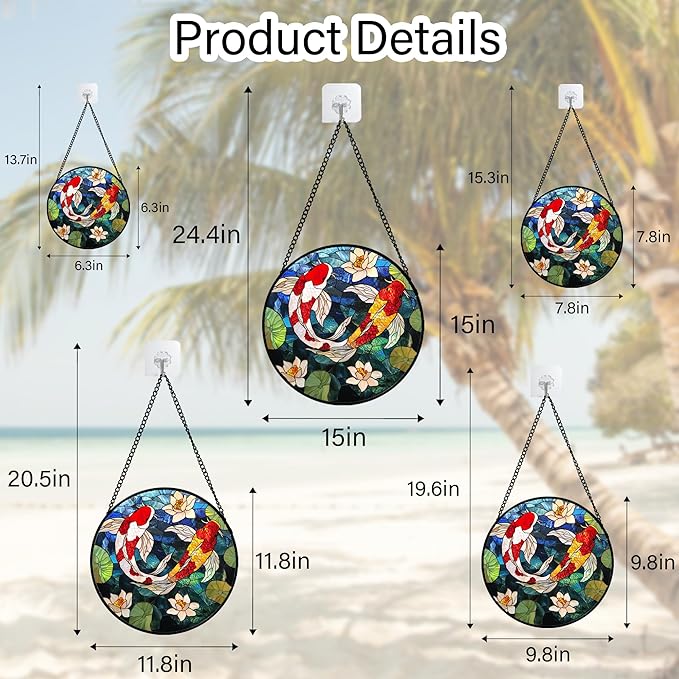 Stained Glass Window Hanging, Koi and Lotus Sun Catcher for Door Home Decor Fish Suncatcher Christmas Mother's Day Birthday Gifts for Women Men Mom and Nana 9.8 in
