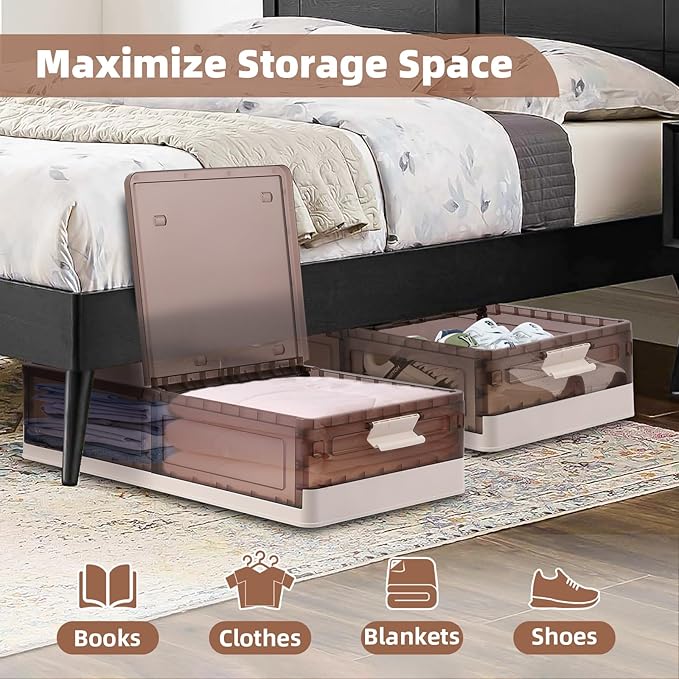 FAHKNS 2 Pack Under Bed Storage with Wheels, 17.2Gal Stackable Under Bed Storage Containers with Lids, Plastic Collapsible Organizer for Clothes and Shoes, Grey