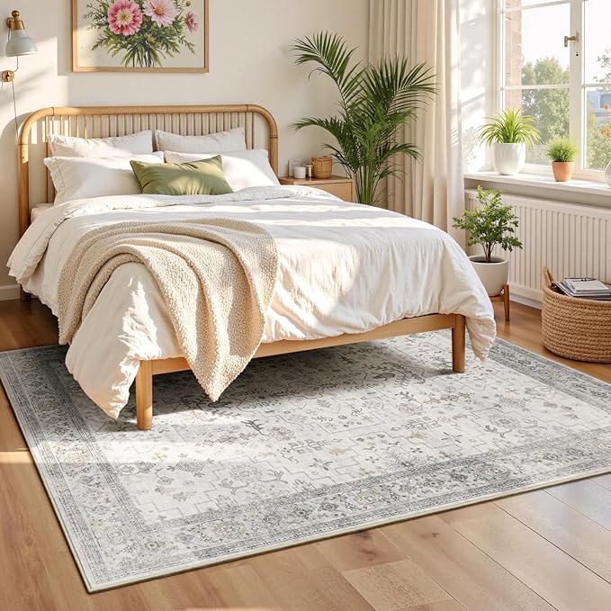 Lessymo Bedroom Rug 5x7 Area Rug for Living Room, Soft Non Slip Washable Rug for Dinning Nursery Farmhouse Office, Boho Carpet Kids & Pets Friendly, Vintage Floral Neutral Decor, Taupe Grey