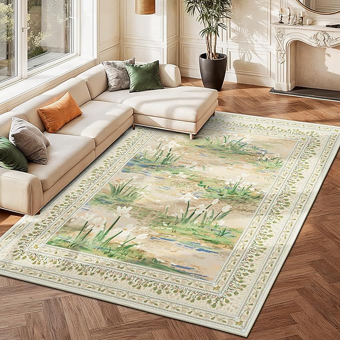 Lessymo Floral 8x10 Area Rugs for Living Room, Soft Non Slip Washable Rugs for Dining Room Bedroom, Low Pile Green Rug, Cottagecore Impressionist-Style Decor Carpet, Beige Sage