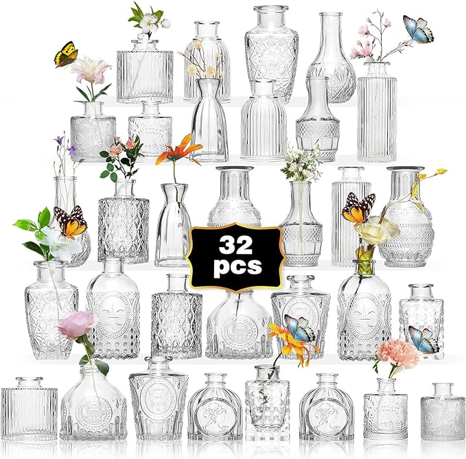 Glass Bud Vase Set of 32PCS Wedding Centerpieces for Tables,Mini Clear Bud Vases for Flowers,Small Flower Vases Suitable for Birthday Party,Anniversary,Wedding,Baby Shower (Clear, 32PCS)
