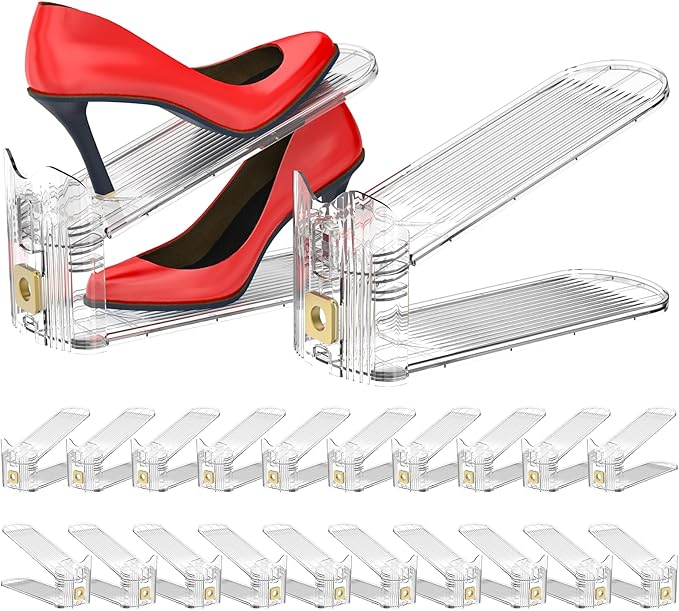Shoe Slots Organizer,Adjustable Shoe Stackers,20 Pack Shoe Space Savers,Shoe Storage Holder for Closet,Transparent