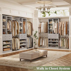 Closet System, 4.2–8.8 FT Closet Organizer with 2 Wooden Drawers and Shelves, Walk-in Closet System with 5 Hang Rods, Built-in Closet Tower, Can Fit 60 to 96 inch, Morandi Grey