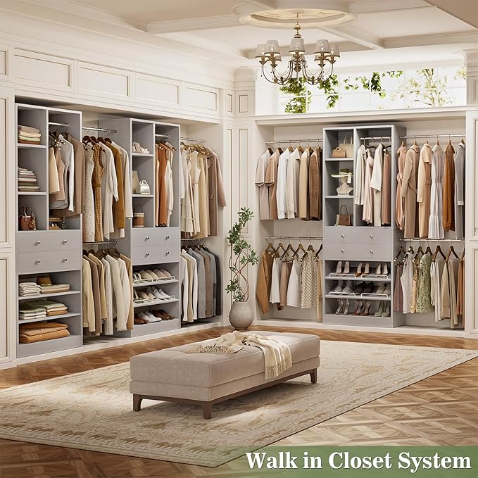 Closet System, 4.2–8.8 FT Closet Organizer with 2 Wooden Drawers and Shelves, Walk-in Closet System with 5 Hang Rods, Built-in Closet Tower, Can Fit 60 to 96 inch, Morandi Grey