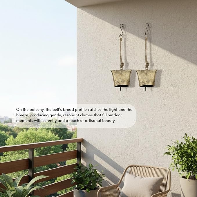 Rustic Iron Wall Accent – Set of 2, Handmade Metal Hanging Décor with Rope for Indoor & Outdoor Use (Golden Dome Bell, 3" 3")