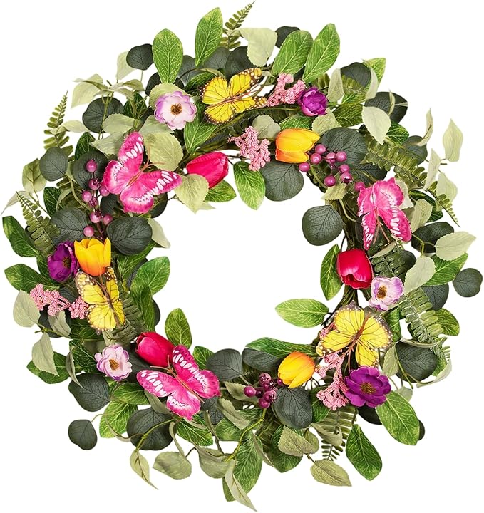 20 Inch Spring Floral Wreath with Butterflies & Berries - Artificial Tulip Eucalyptus Front Door Wreath for Year Round Home Decor, Spring, Summer, Mother's Day, Farmhouse Porch & Home Decor