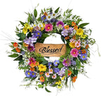 22 Inch Spring Summer Wildflower Wreath for Front Door, Colorful Floral Welcome Wreath with Blessed Sign Daisies Peonies for Wall Door and Porch Farmhouse Home Decor