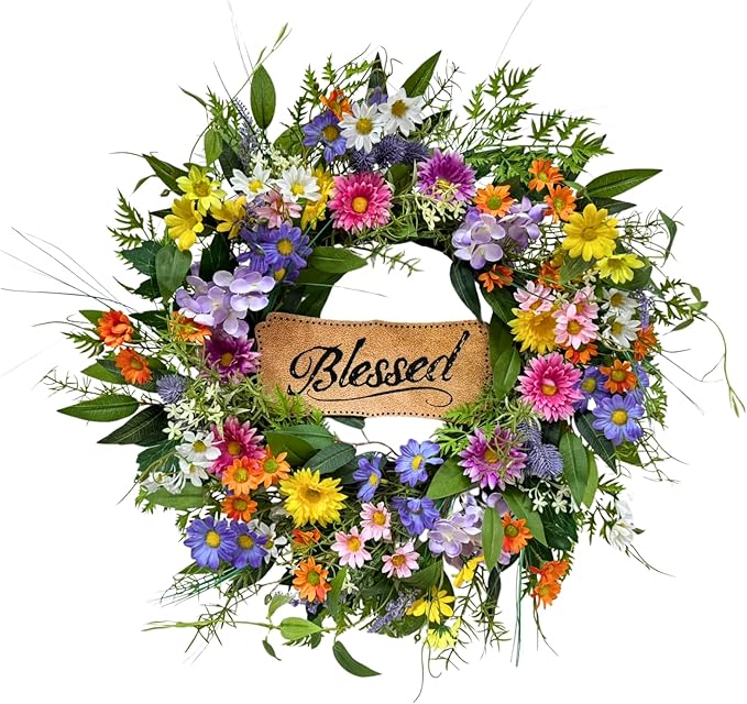 22 Inch Spring Summer Wildflower Wreath for Front Door, Colorful Floral Welcome Wreath with Blessed Sign Daisies Peonies for Wall Door and Porch Farmhouse Home Decor
