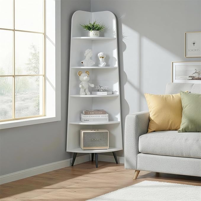 VECELO Large Tall Corner Shelf, 66.93" H 5-Tier Corner Storage Organizer, Freestanding Corner Display Rack for Living Room Bedroom Home Office, White