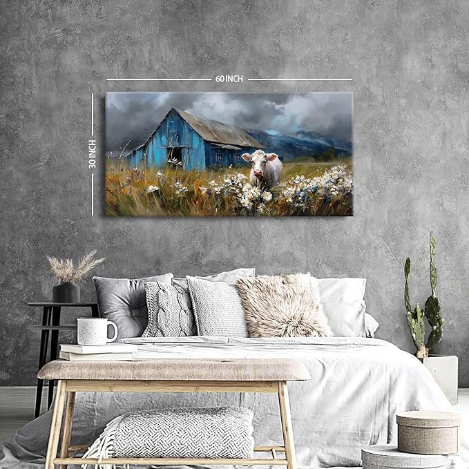 Rustic Farmhouse Wall Art Cow and Blue Barn Canvas Pictures Country Landscape Wall Decor Wildflower Field Painting Farm Animal Artwork for Living Room Dining Room Bedroom Home Decoration 29.53x 57.87"