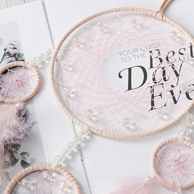 Pink Dream Catcher Wall Decor Handmade Feathers Dreamcatcher Wall Hanging Ornament Room Decor Craft Blessing Gift for Kids Boys Girls (Pink, No Light)