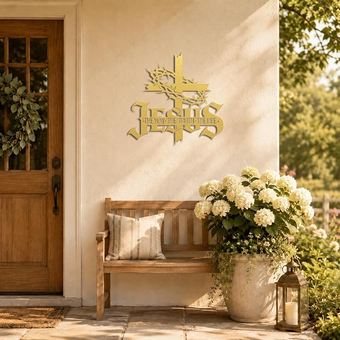 Jesus Wall Art Cross Wall Decor with Crown of Thorns - Metal Christian Wall Art "The Way The Truth The Life" Sign, Gold Iron Religious Wall Art & Christian Wall Decor for Home Living Room Church-Gold