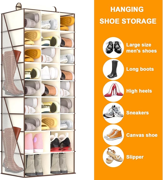 VERONLY Hanging Shoe Organizer for Closet-Collapsible Storage Rack with 25 Sections & 4 Side Pockets, Hanging Shoe Shelves for Hats,and Clothes, Beige