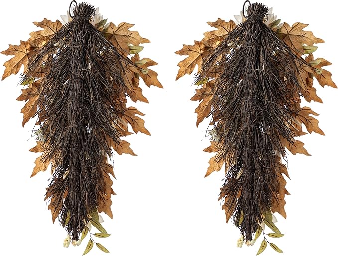 Glitzhome 2 Pcs Fall Teardrop Swags for Front Door, 28''H Autumn Swag with Neutral Sunflower, Pumpkin and Leaf, Fall Swags for Front Door, Thanksgiving Harvest Festivals Decor