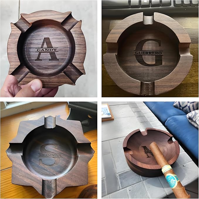 Cigar Ash Tray For Men Dad Wooden Home Ashtrays Personalized Walnut Outdoor Cigar Ash Tray With Name for Husband Grandpa Groomsmen Fathers Day Birthday Anniversary Christmas