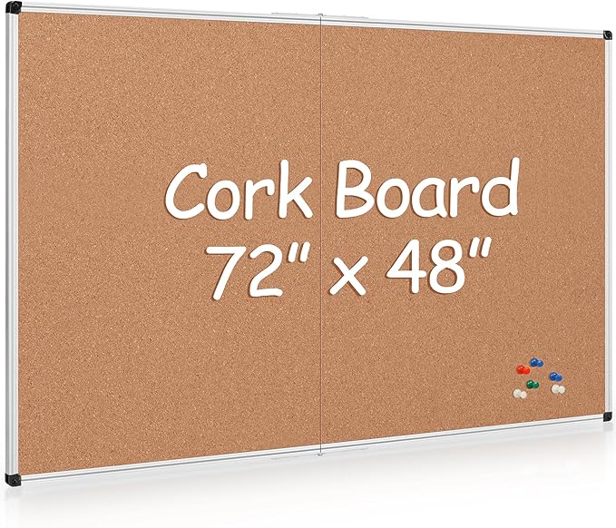 Extra Large Cork Bulletin Board 72" X 48", Foldable Notice Pin Board for Wall, Silver Aluminum Framed 6'x4' Corkboard, Wall Mounted Noticeboard with 36 Push Pins for School, Home & Office