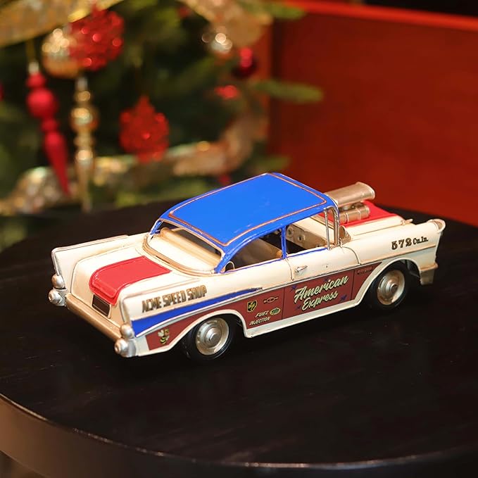 GENUINQ Vintage Classic Car Metal Model, 1950s Style Retro Racer Figurine with Raised Hood Scoop, Red White Blue Patriotic Livery, Man Cave Garage Decor & Collectible Gift