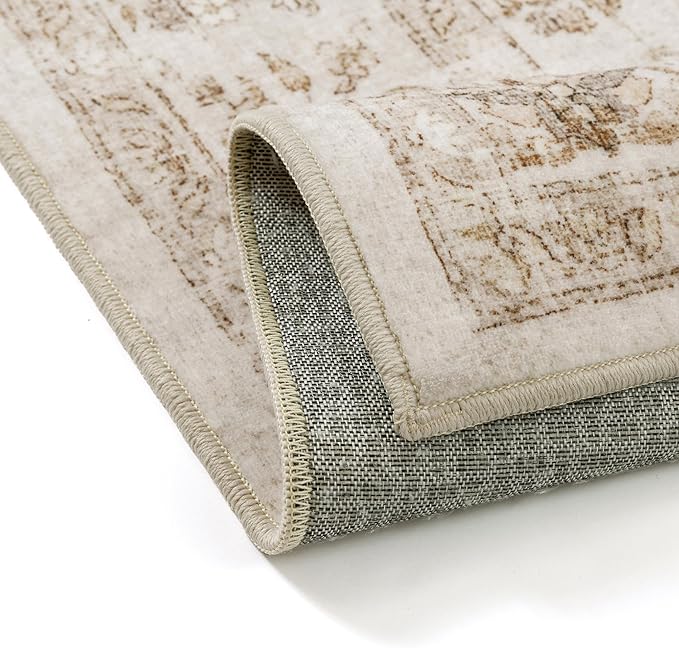 9x12 Beige Area Rug Washable Living Room Vintage Carpet Bedroom Distressed Large Non Slip Low Pile Thin Dining Room Office Medallion Accent Throw Rug