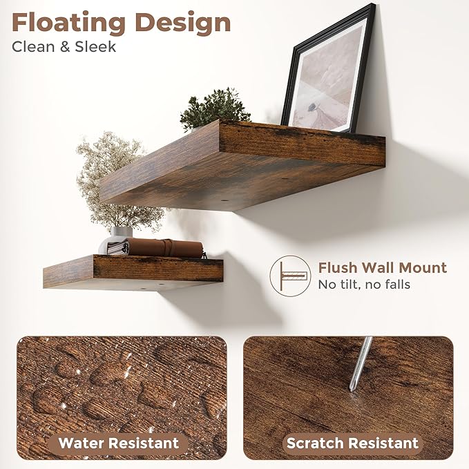 16 Inch Floating Shelves for Wall 2 Pack, 12"D Wood Grain Bathroom Shelves with Invisible Brackets, Easy Install Engineered Wood Storage Shelves for Kitchen, Living Room, Bedroom, Rustic Brown Finish